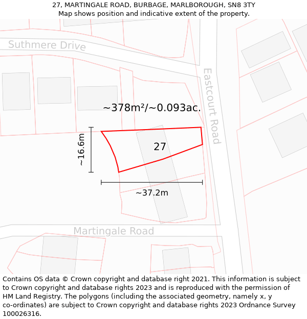 27, MARTINGALE ROAD, BURBAGE, MARLBOROUGH, SN8 3TY: Plot and title map