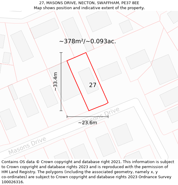 27, MASONS DRIVE, NECTON, SWAFFHAM, PE37 8EE: Plot and title map