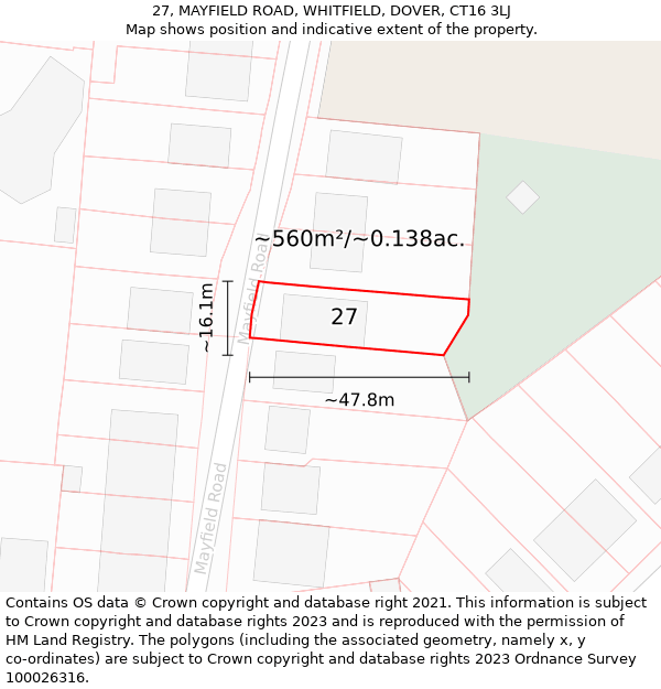 27, MAYFIELD ROAD, WHITFIELD, DOVER, CT16 3LJ: Plot and title map