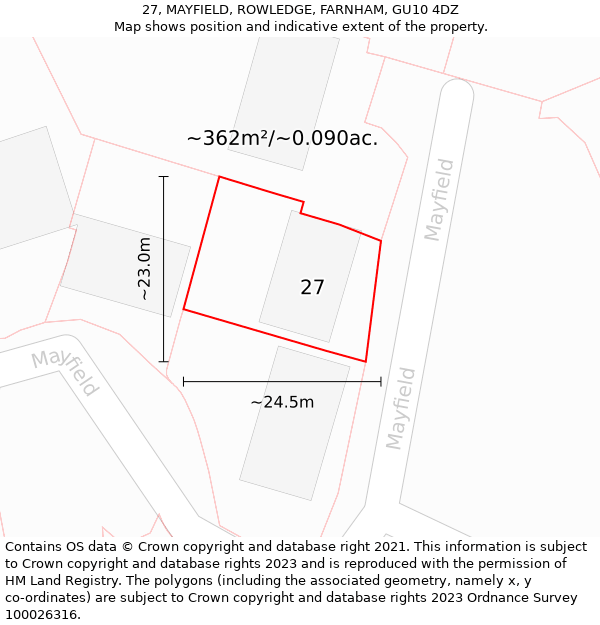 27, MAYFIELD, ROWLEDGE, FARNHAM, GU10 4DZ: Plot and title map