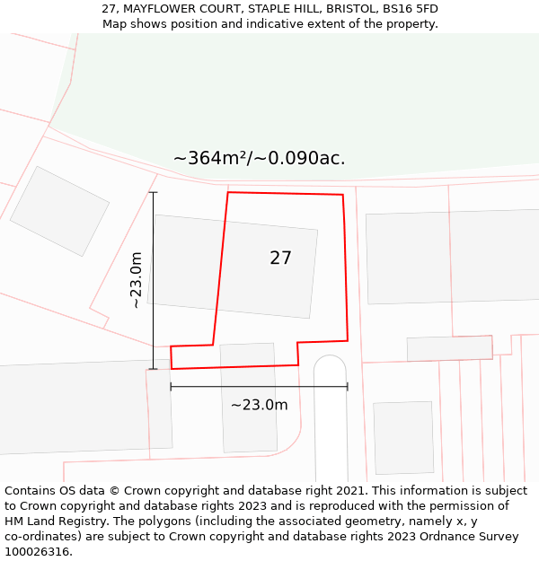 27, MAYFLOWER COURT, STAPLE HILL, BRISTOL, BS16 5FD: Plot and title map