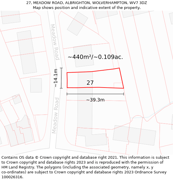 27, MEADOW ROAD, ALBRIGHTON, WOLVERHAMPTON, WV7 3DZ: Plot and title map