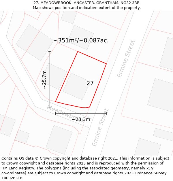 27, MEADOWBROOK, ANCASTER, GRANTHAM, NG32 3RR: Plot and title map