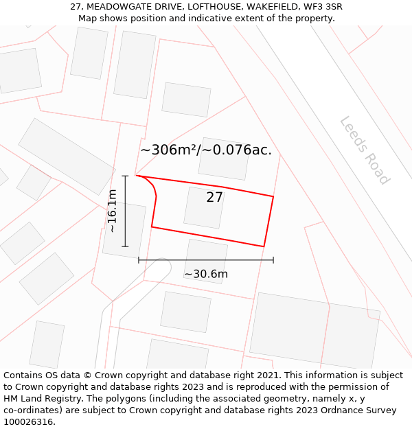 27, MEADOWGATE DRIVE, LOFTHOUSE, WAKEFIELD, WF3 3SR: Plot and title map