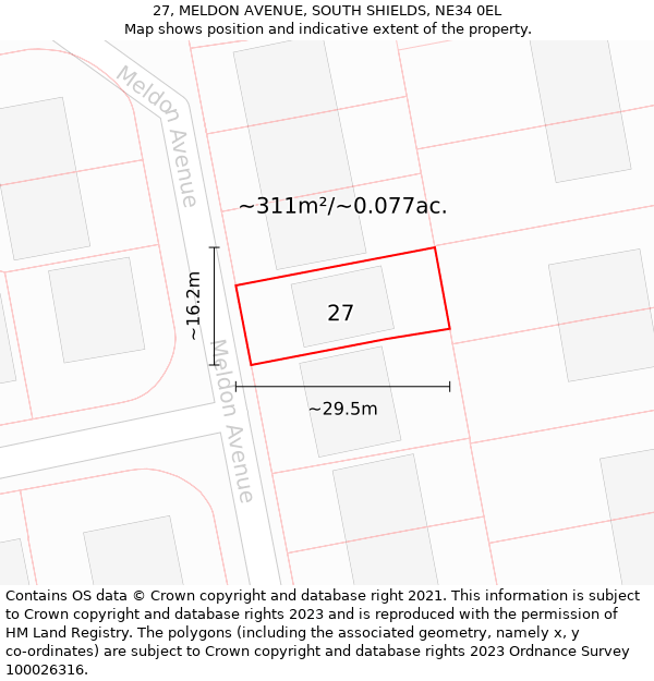 27, MELDON AVENUE, SOUTH SHIELDS, NE34 0EL: Plot and title map