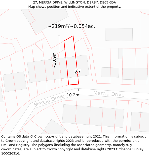 27, MERCIA DRIVE, WILLINGTON, DERBY, DE65 6DA: Plot and title map