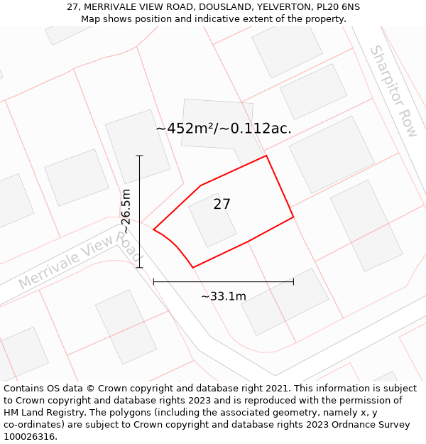 27, MERRIVALE VIEW ROAD, DOUSLAND, YELVERTON, PL20 6NS: Plot and title map