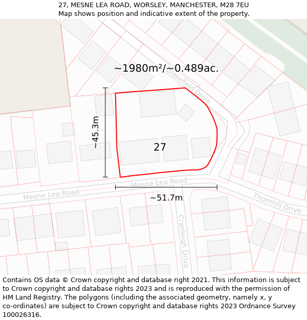 27, MESNE LEA ROAD, WORSLEY, MANCHESTER, M28 7EU: Plot and title map