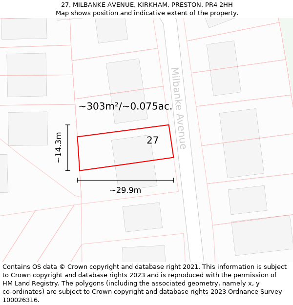 27, MILBANKE AVENUE, KIRKHAM, PRESTON, PR4 2HH: Plot and title map