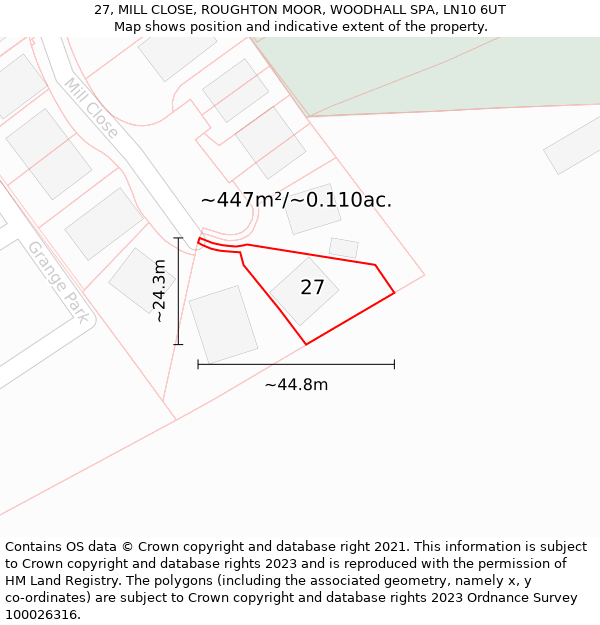 27, MILL CLOSE, ROUGHTON MOOR, WOODHALL SPA, LN10 6UT: Plot and title map