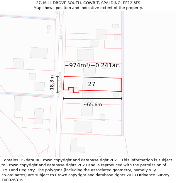 27, MILL DROVE SOUTH, COWBIT, SPALDING, PE12 6FS: Plot and title map