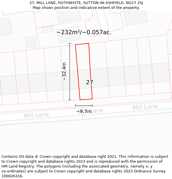 27, MILL LANE, HUTHWAITE, SUTTON-IN-ASHFIELD, NG17 2SJ: Plot and title map