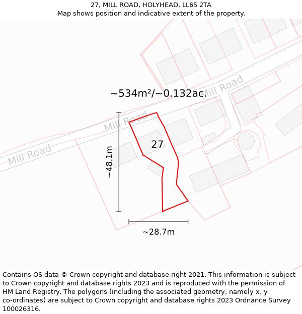 27, MILL ROAD, HOLYHEAD, LL65 2TA: Plot and title map