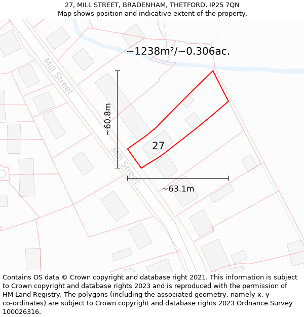 27, MILL STREET, BRADENHAM, THETFORD, IP25 7QN: Plot and title map