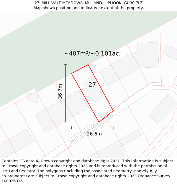 27, MILL VALE MEADOWS, MILLAND, LIPHOOK, GU30 7LZ: Plot and title map