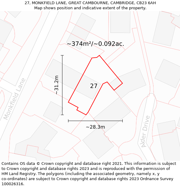 27, MONKFIELD LANE, GREAT CAMBOURNE, CAMBRIDGE, CB23 6AH: Plot and title map