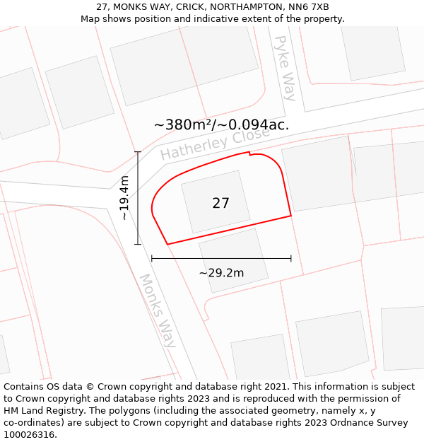 27, MONKS WAY, CRICK, NORTHAMPTON, NN6 7XB: Plot and title map