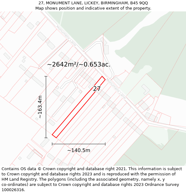 27, MONUMENT LANE, LICKEY, BIRMINGHAM, B45 9QQ: Plot and title map