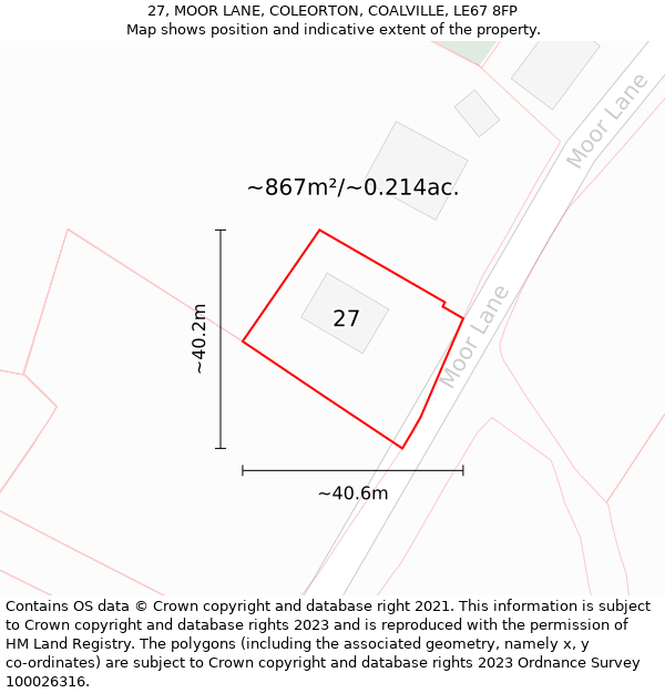 27, MOOR LANE, COLEORTON, COALVILLE, LE67 8FP: Plot and title map