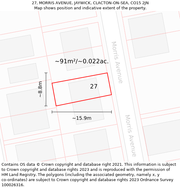 27, MORRIS AVENUE, JAYWICK, CLACTON-ON-SEA, CO15 2JN: Plot and title map