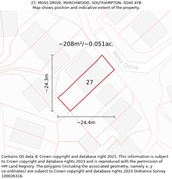 27, MOSS DRIVE, MARCHWOOD, SOUTHAMPTON, SO40 4YB: Plot and title map