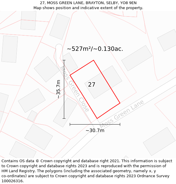 27, MOSS GREEN LANE, BRAYTON, SELBY, YO8 9EN: Plot and title map