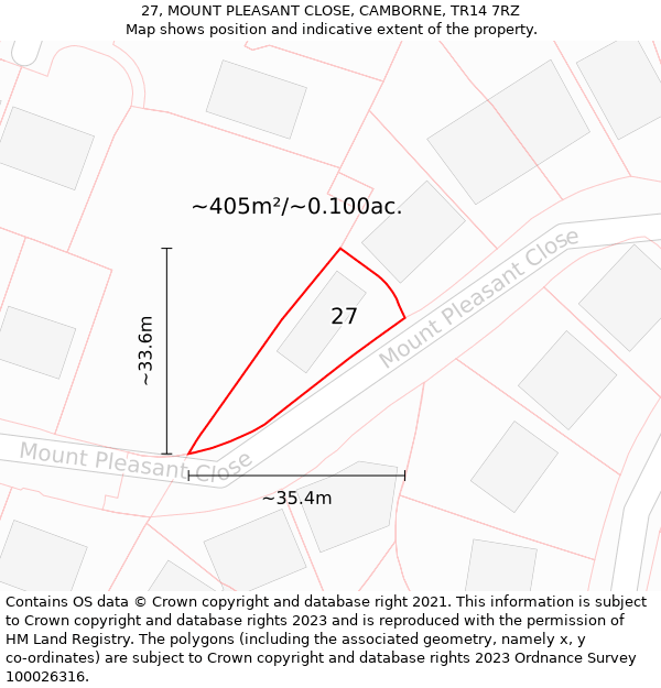 27, MOUNT PLEASANT CLOSE, CAMBORNE, TR14 7RZ: Plot and title map