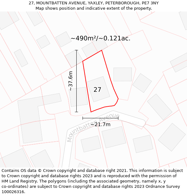 27, MOUNTBATTEN AVENUE, YAXLEY, PETERBOROUGH, PE7 3NY: Plot and title map