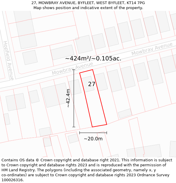 27, MOWBRAY AVENUE, BYFLEET, WEST BYFLEET, KT14 7PG: Plot and title map