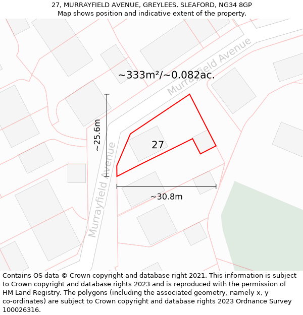 27, MURRAYFIELD AVENUE, GREYLEES, SLEAFORD, NG34 8GP: Plot and title map