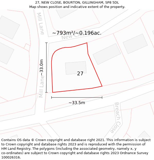 27, NEW CLOSE, BOURTON, GILLINGHAM, SP8 5DL: Plot and title map