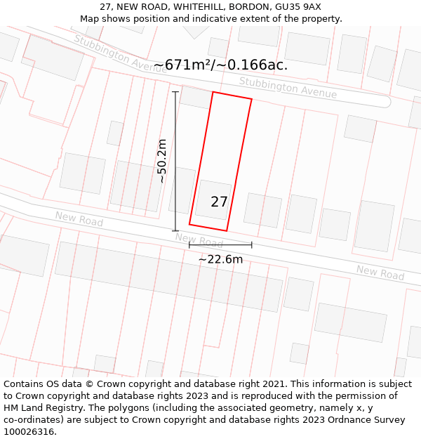 27, NEW ROAD, WHITEHILL, BORDON, GU35 9AX: Plot and title map