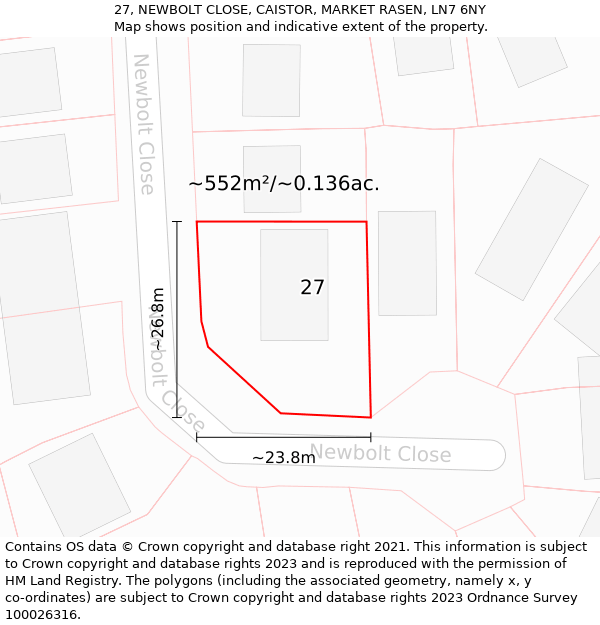 27, NEWBOLT CLOSE, CAISTOR, MARKET RASEN, LN7 6NY: Plot and title map