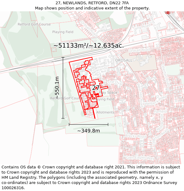 27, NEWLANDS, RETFORD, DN22 7FA: Plot and title map