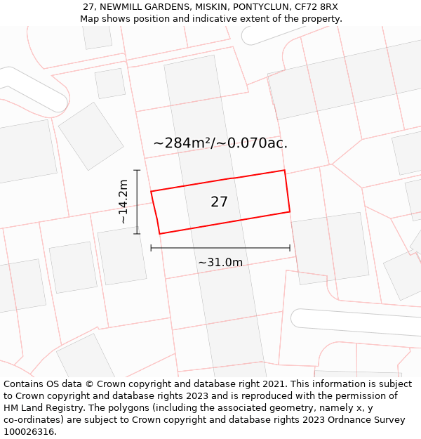 27, NEWMILL GARDENS, MISKIN, PONTYCLUN, CF72 8RX: Plot and title map