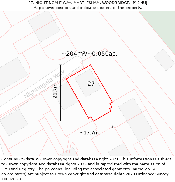 27, NIGHTINGALE WAY, MARTLESHAM, WOODBRIDGE, IP12 4UJ: Plot and title map