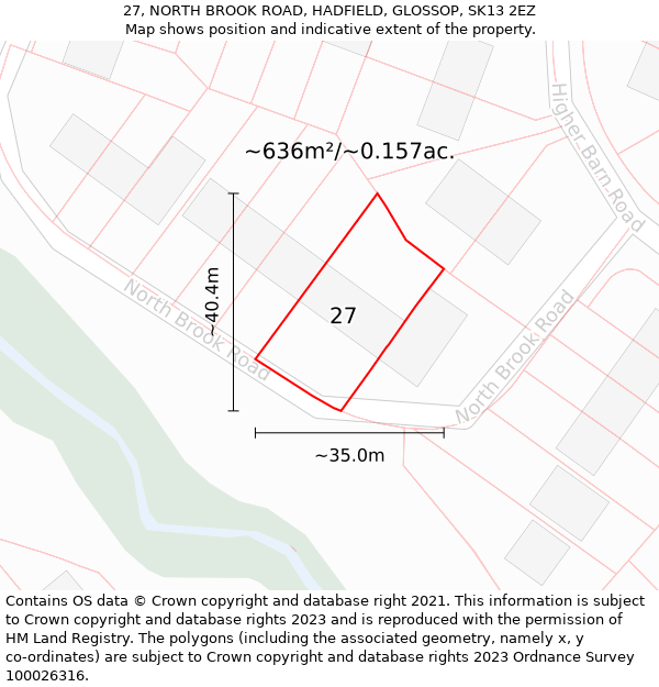 27, NORTH BROOK ROAD, HADFIELD, GLOSSOP, SK13 2EZ: Plot and title map