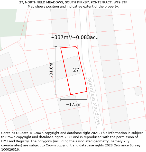 27, NORTHFIELD MEADOWS, SOUTH KIRKBY, PONTEFRACT, WF9 3TF: Plot and title map