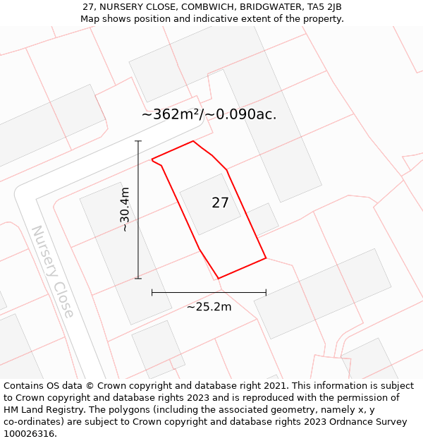 27, NURSERY CLOSE, COMBWICH, BRIDGWATER, TA5 2JB: Plot and title map