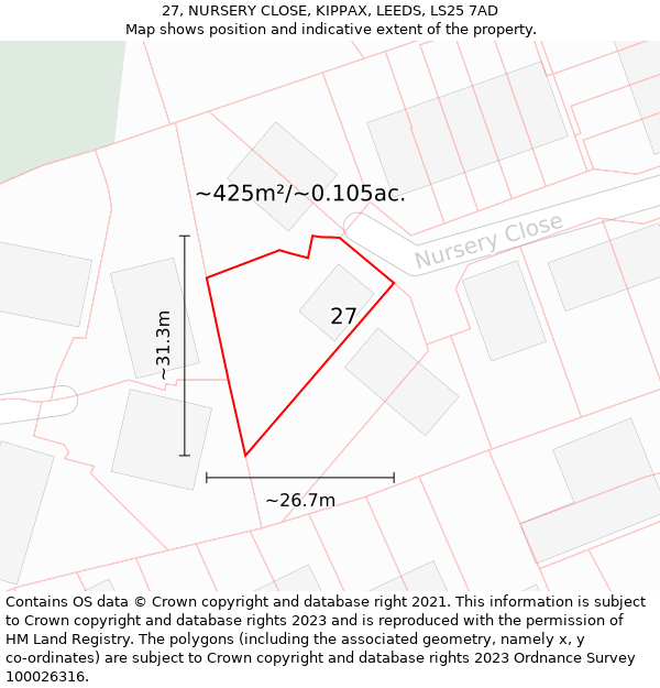 27, NURSERY CLOSE, KIPPAX, LEEDS, LS25 7AD: Plot and title map