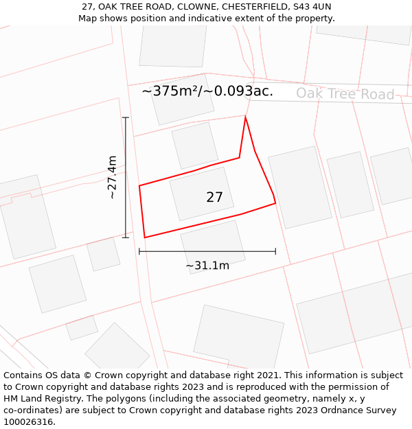 27, OAK TREE ROAD, CLOWNE, CHESTERFIELD, S43 4UN: Plot and title map