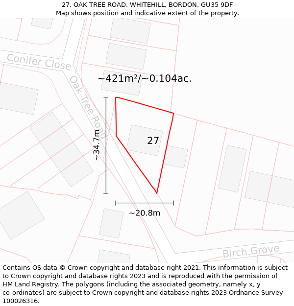 27, OAK TREE ROAD, WHITEHILL, BORDON, GU35 9DF: Plot and title map