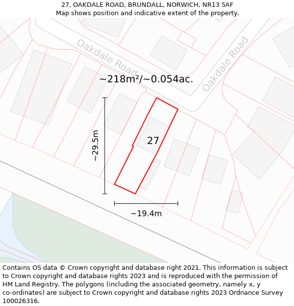 27, OAKDALE ROAD, BRUNDALL, NORWICH, NR13 5AF: Plot and title map