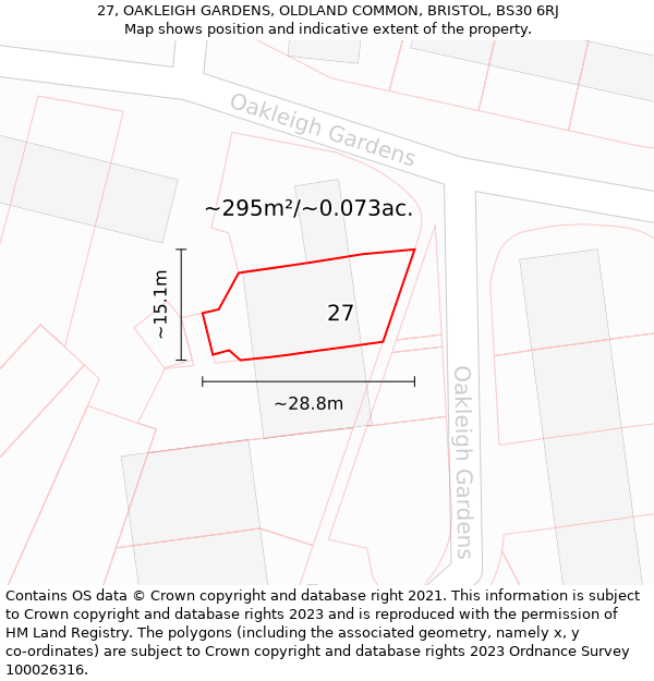 27, OAKLEIGH GARDENS, OLDLAND COMMON, BRISTOL, BS30 6RJ: Plot and title map