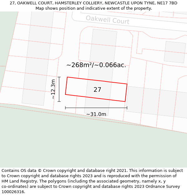 27, OAKWELL COURT, HAMSTERLEY COLLIERY, NEWCASTLE UPON TYNE, NE17 7BD: Plot and title map