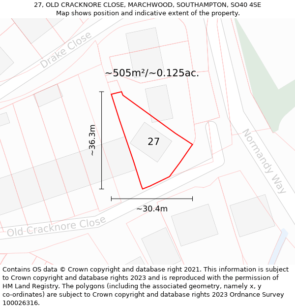 27, OLD CRACKNORE CLOSE, MARCHWOOD, SOUTHAMPTON, SO40 4SE: Plot and title map