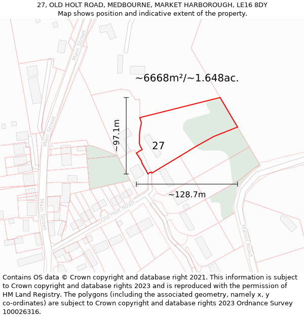 27, OLD HOLT ROAD, MEDBOURNE, MARKET HARBOROUGH, LE16 8DY: Plot and title map