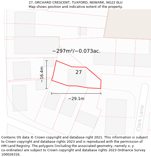 27, ORCHARD CRESCENT, TUXFORD, NEWARK, NG22 0LU: Plot and title map