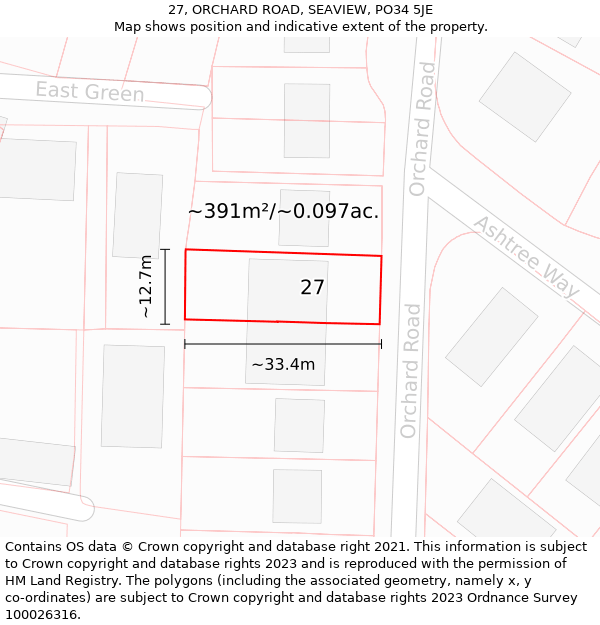 27, ORCHARD ROAD, SEAVIEW, PO34 5JE: Plot and title map