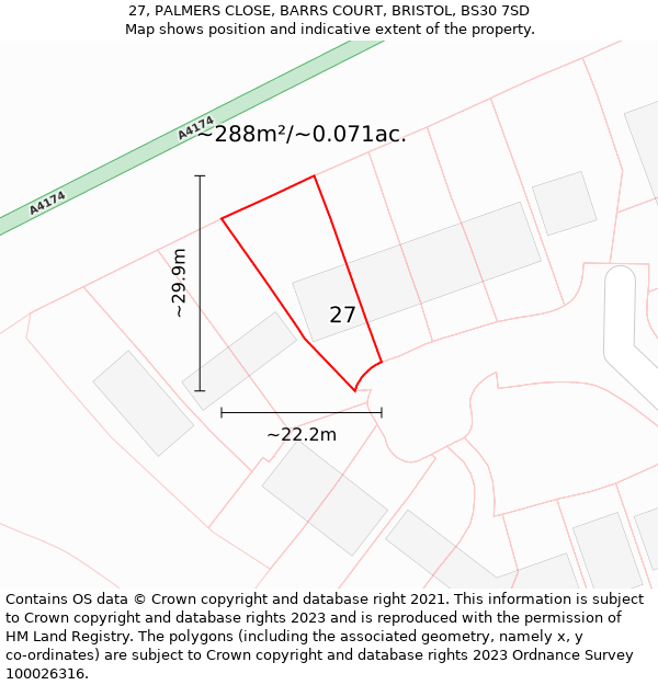 27, PALMERS CLOSE, BARRS COURT, BRISTOL, BS30 7SD: Plot and title map